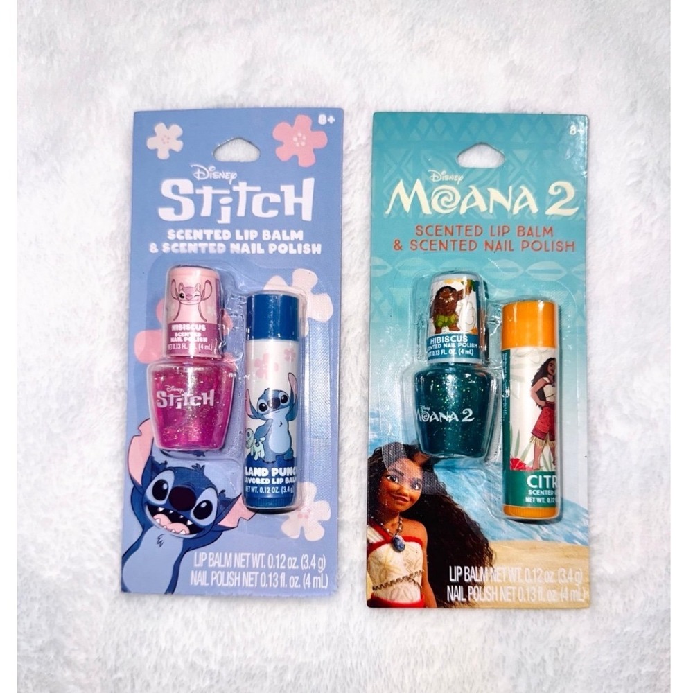 Disney Stitch and Moana 2 Scented Lip Balm and Nail Polish Sets 2-Pack NIP